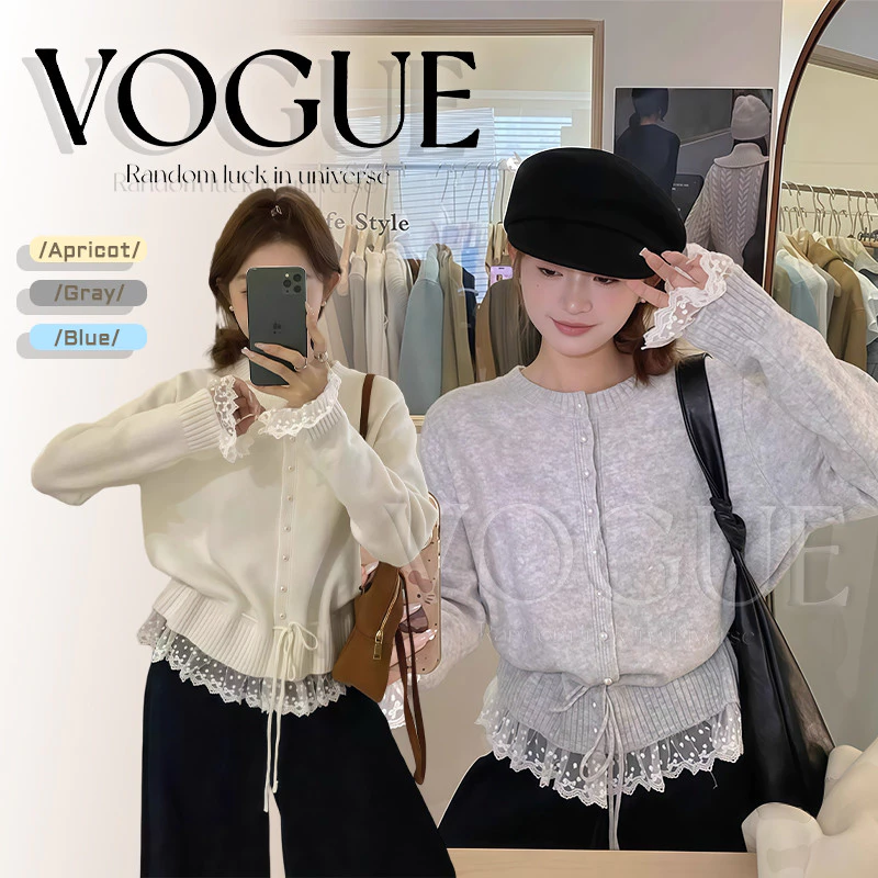 Vogue🌟พร้อมส่ง🌟 เสื้อแขนยาวไหมพรม คอกลม ดีเทลแต่งปลายลูกไม้ สีน่ารัก (V138)