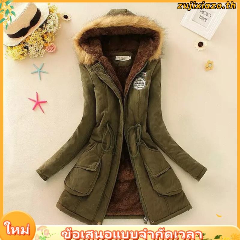 Ruo Bei Xuan เสื้อโค้ทยาวปานกลาง ผ้าฝ้าย มีฮู้ด สไตล์เกาหลี