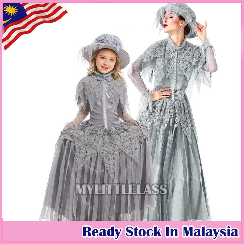 MYLITTLELASS Mom & Daughter Victorian Gothic Ghost Costume Set Grey Lace Long Dress with Hat Hallowe