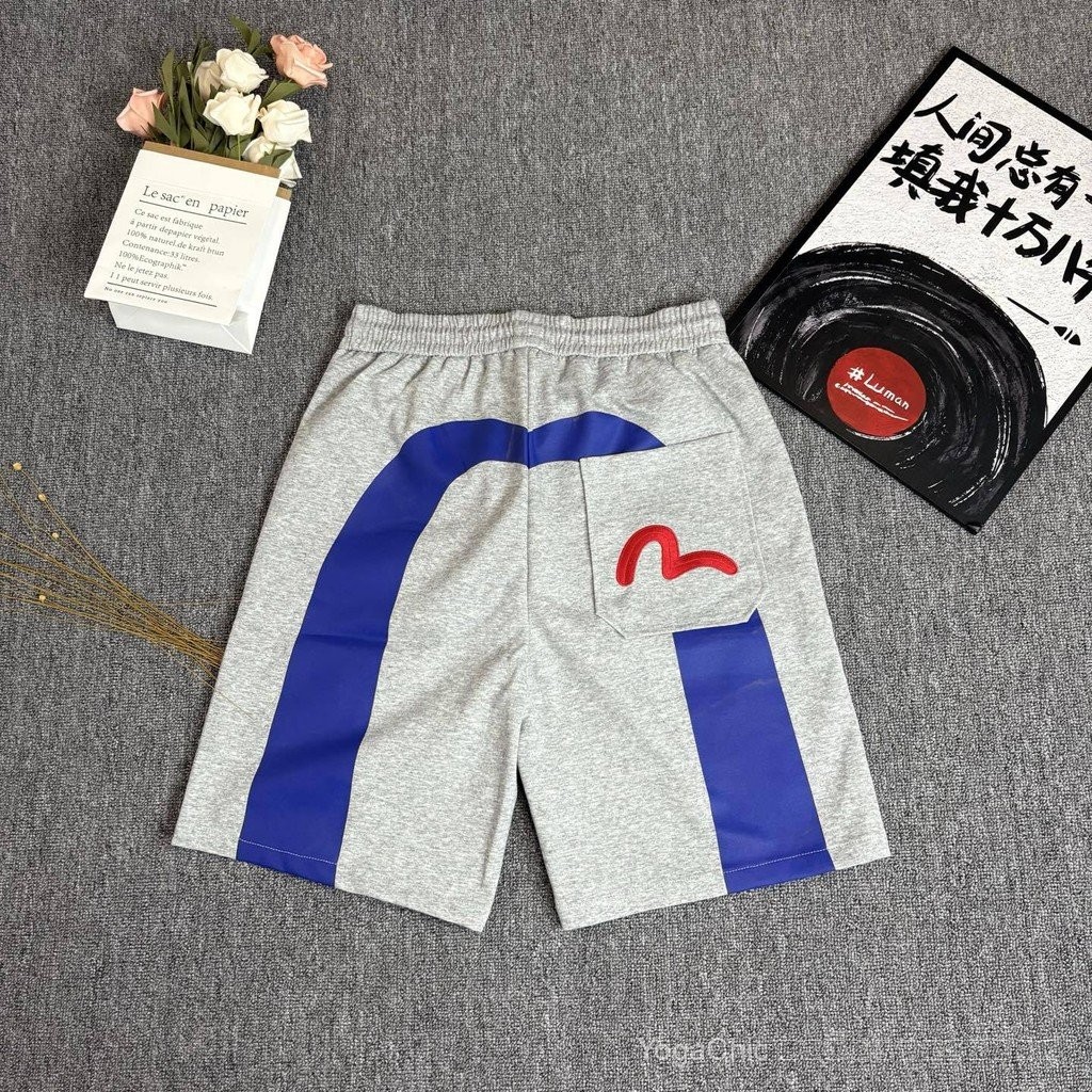 EVISU กางเกงขาสั้นและเสื้อยืดแบบสวีทแพนต์สำหรับผู้ชายและผู้หญิง แนว STREETWEAR ฤดูร้อนปี 2025