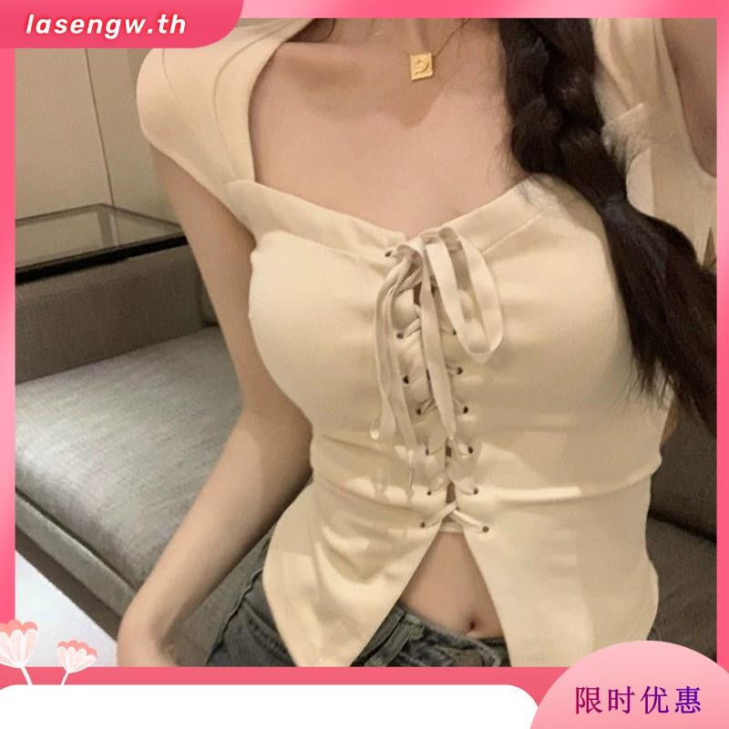 Lhj เสื้อครอปท็อป แขนสั้น คอสี่เหลี่ยม ผูกเชือก เซ็กซี่ สีพื้น ฤดูร้อน สําหรับผู้หญิง TPN