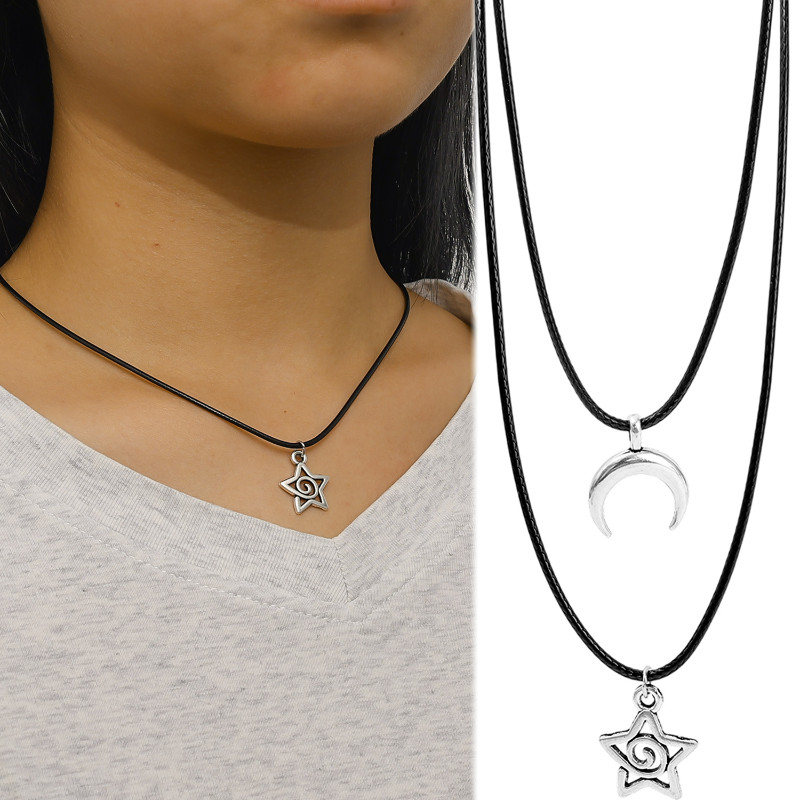 Y2K Star Moon Pendant Necklace - Sweet Cool Leather Rope Necklace - for Men Women - Best Friends - C