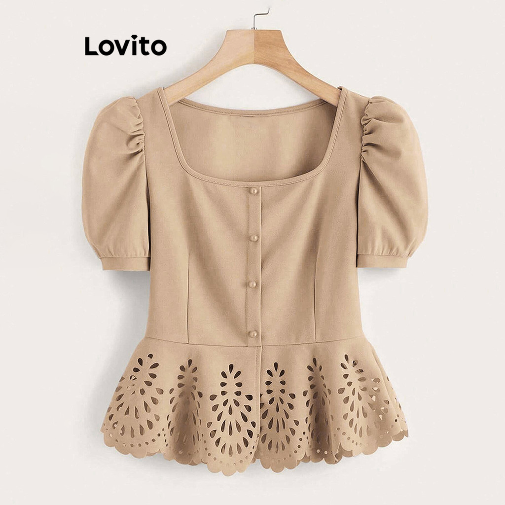 Lovito เสื้อที่สง่างามฤดูร้อนตาไก่เย็บปักถักร้อยปุ่มด้านหน้าเสื้อฤดูร้อนสําหรับผู้หญิง L74ED377