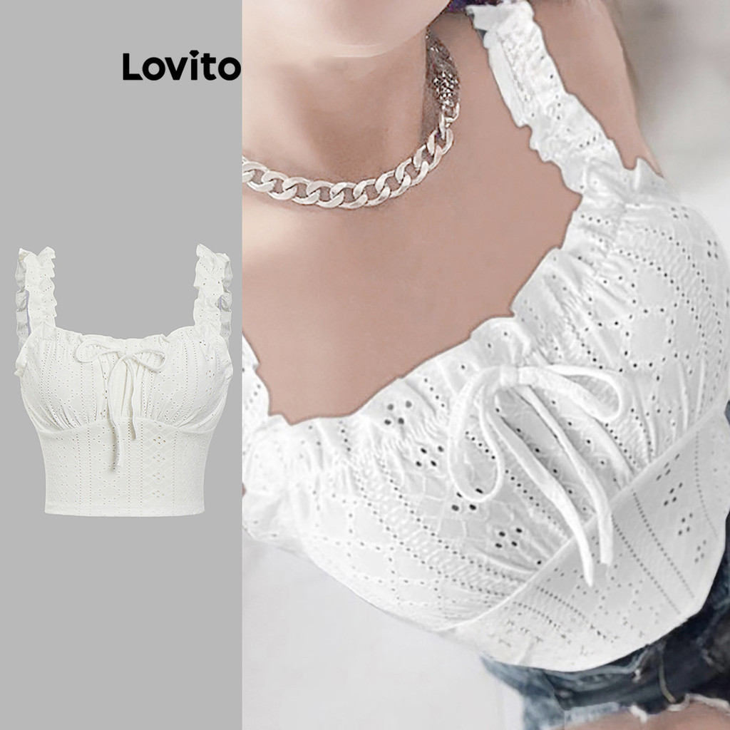 Lovito เสื้อแขนกุดผู้หญิง ผูกเชือก ผ้าแจ็คการ์ด สีพื้น สไตล์โบโฮ L99ED631