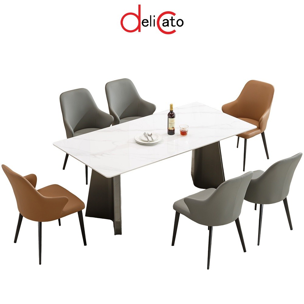 GlobalHouse (1/5)DELICATO ชุดโต๊ะอาหารท็อปหินอ่อน 6ที่นั่ง Maki  ขนาดโต๊ะ 90x200x75 ซม. ขนาด 54x59x84 ซม. สีขาว