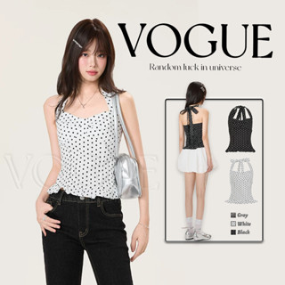 Vogue🌟พร้อมส่ง🌟 เสื้อคล้องคอ ลายจุดสีขาวดำใส่สบาย เสริมฟองน้…