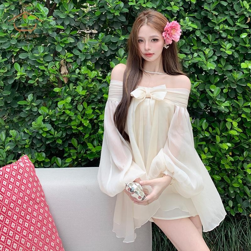 ชุดเดรสผ้าชีฟองเปิดไหล่พร้อมโบว์ สไตล์นางฟ้าสำหรับวันหยุดฤดูร้อน