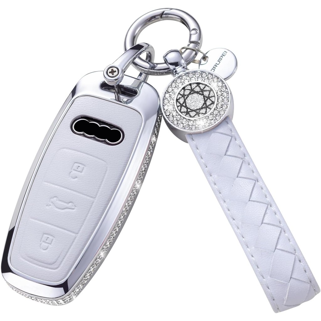 สําหรับ Audi Key Fob พร้อมพวงกุญแจ,หนังแท้คริสตัลป้องกันกรณีเชลล์เข้ากันได้กับ A6L A6 A7 A8 Q7 Q8 E-
