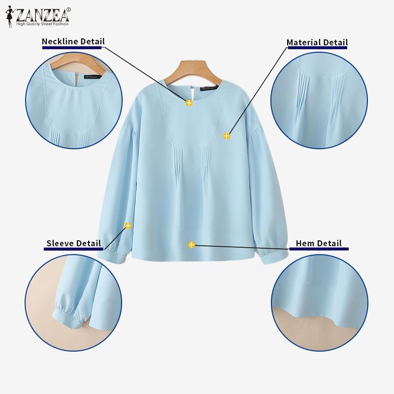 ZANZEA สำหรับผู้หญิง เสื้อเชิ้ตลายเกาหลีแขนยาว สีทึบ การเย็บอย่างประณีต — صورة 7