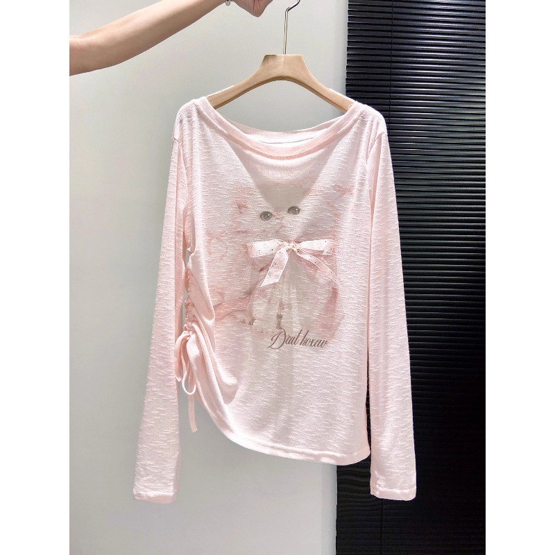 เสื้อยืดแขนยาวสำหรับผู้หญิง ลายพิมพ์แมวน่ารัก ทรงสแลบ-fit ราคา ถูกที่สุด ดีลบีเคเค แกลเลอรีภาพที่ 5