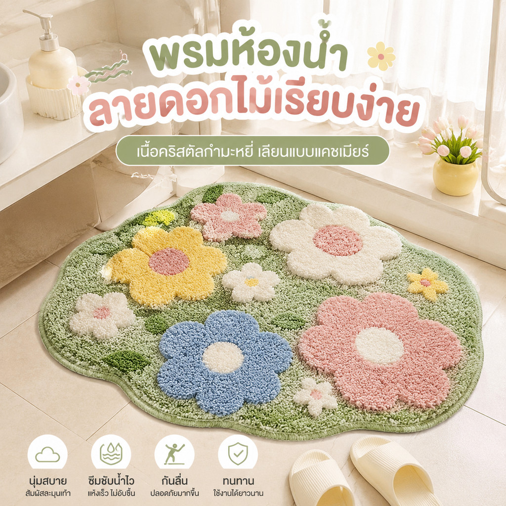 พรมห้องน้ำ ลายดอกไม้เรียบง่าย กันลื่น ดูดซับน้ำและคราบ เนื้อคริสตัลกำมะหยี่ เลียนแบบแคชเมียร์ ขนาด 40 * 60 ซม.