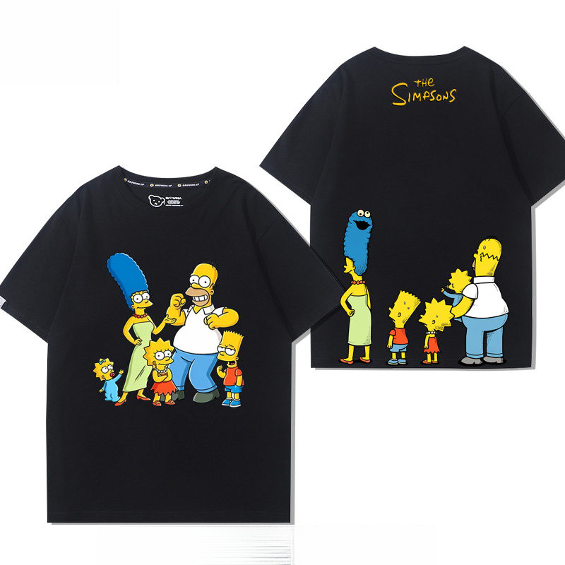 The Simpsons เสื้อยืดแขนสั้นสีดําการ์ตูนอเมริกัน The Simpsons แฟชั่นเสื้อยืดหลวมที่สวยงาม