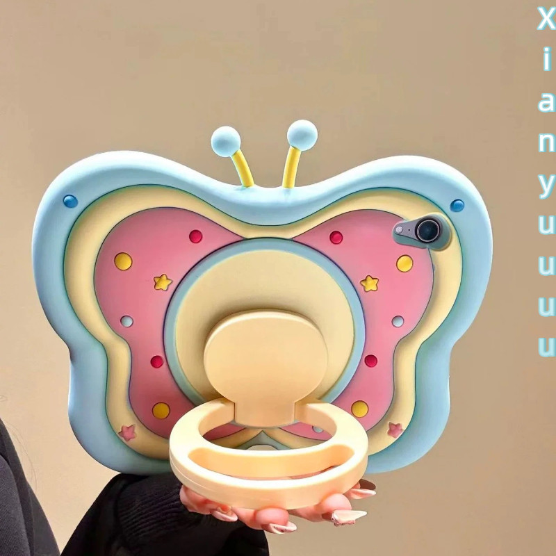 360° หมุนขาตั้งน่ารักสีสัน Star 3D ผีเสื้อซิลิโคน IPad แบบพกพาเด็กแท็บเล็ตสําหรับ IPad11th Gen12 A16 Gen7/8/9 10.2 "Air4/5 10.9 Pro11 M2 Air8 M4 Air6/7 11 นิ้ว