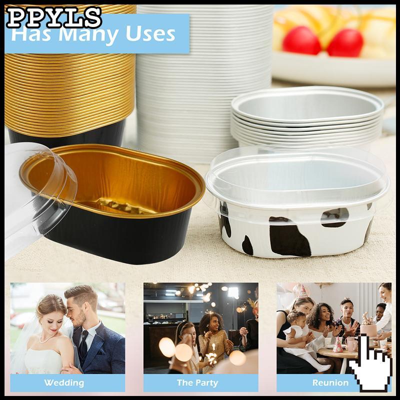 PPYLS 100 ชิ้น 68 มิลลิลิตรอลูมิเนียมฟอยล์รูปไข่ Non-Sti ถ้วยอบเค้กคอนเทนเนอร์พร้อมฝาปิดใสทนความร้อนสําหรับเค้กใหม่