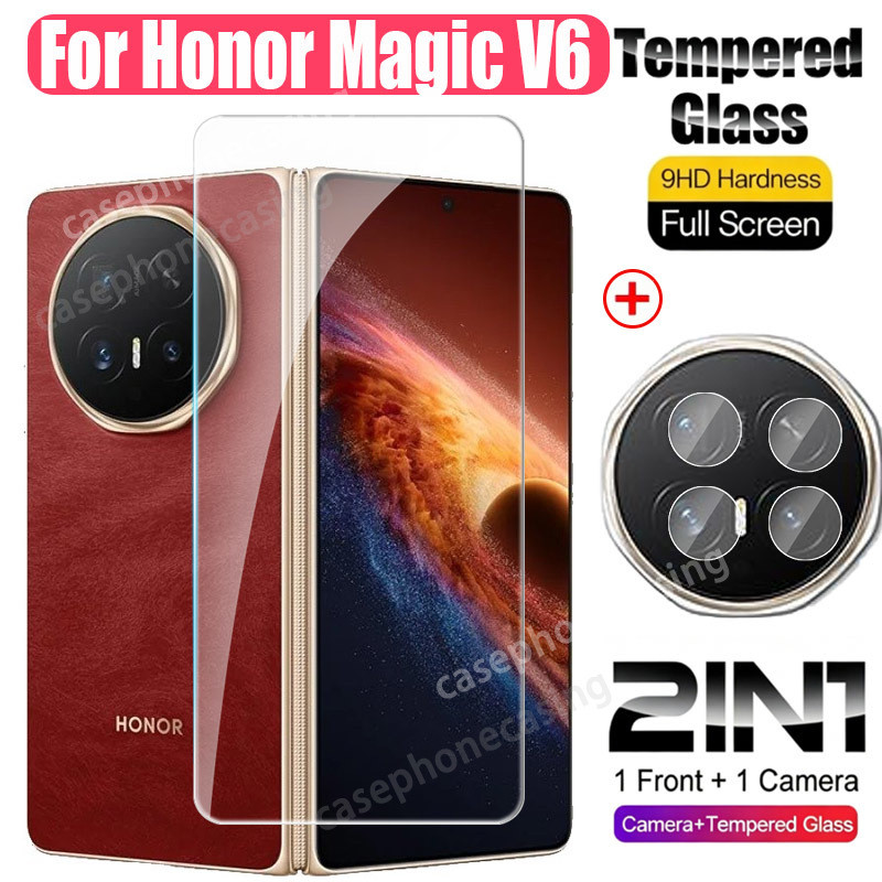 ป้องกันหน้าจอสําหรับ Honor Magic V6 4G 5G 2026 ป้องกันกล้อง 9H 2in1 กระจกนิรภัยกล้อง Clear View ฟิล์