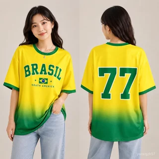 เสื้อบอลแฟชั่นผู้หญิง Brazil สีเหลืองเขียว คอกลม แขนสั้น ทรงโอเวอร์ไซส์ ผ้านิ่ม ใส่สบาย สไตล์สปอร์ต/ใส่เที่ยว