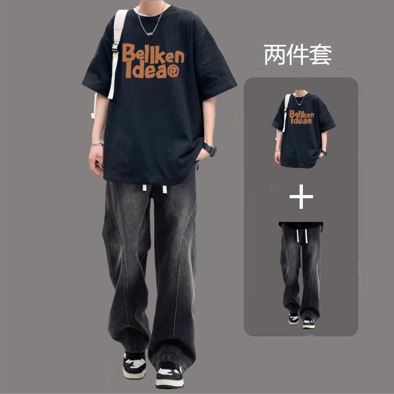 เสื้อยืดแขนสั้นฤดูร้อนครึ่งผ้าฝ้ายแท้ T444+K37 ชุดยีนส์ S-3XL