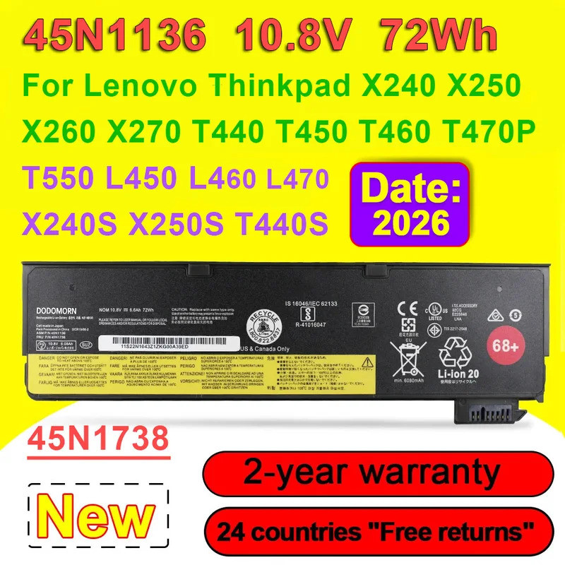10.8V 72Wh 45N1136 45N1738 แบตเตอรี่แล็ปท็อปสําหรับ Lenovo Thinkpad X240 X250 X260 X270 T440 T440S T