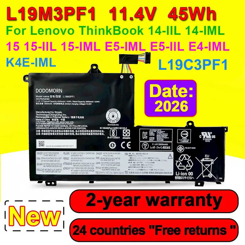 แบตเตอรี่แล็ปท็อป L19M3PF1 สําหรับ Lenovo ThinkBook 14 14-IIL 14-IML,15 15-IML 15-IIL,K4E E4 E5 Seri