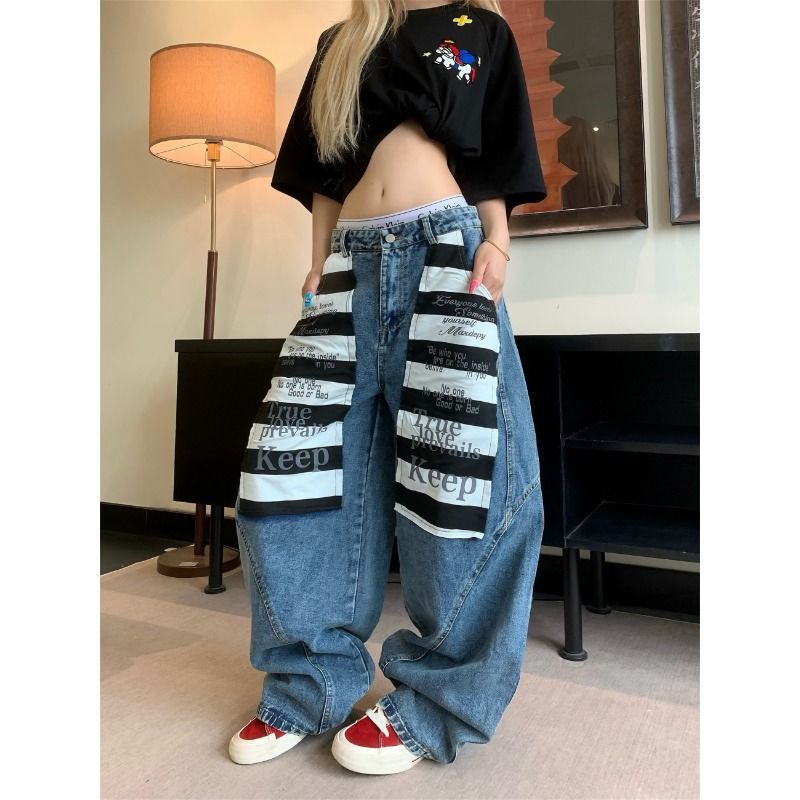Washed Patch Macete Jeans West Coast American Pants High Street Loose Straight Casual Wide-Leg Pants