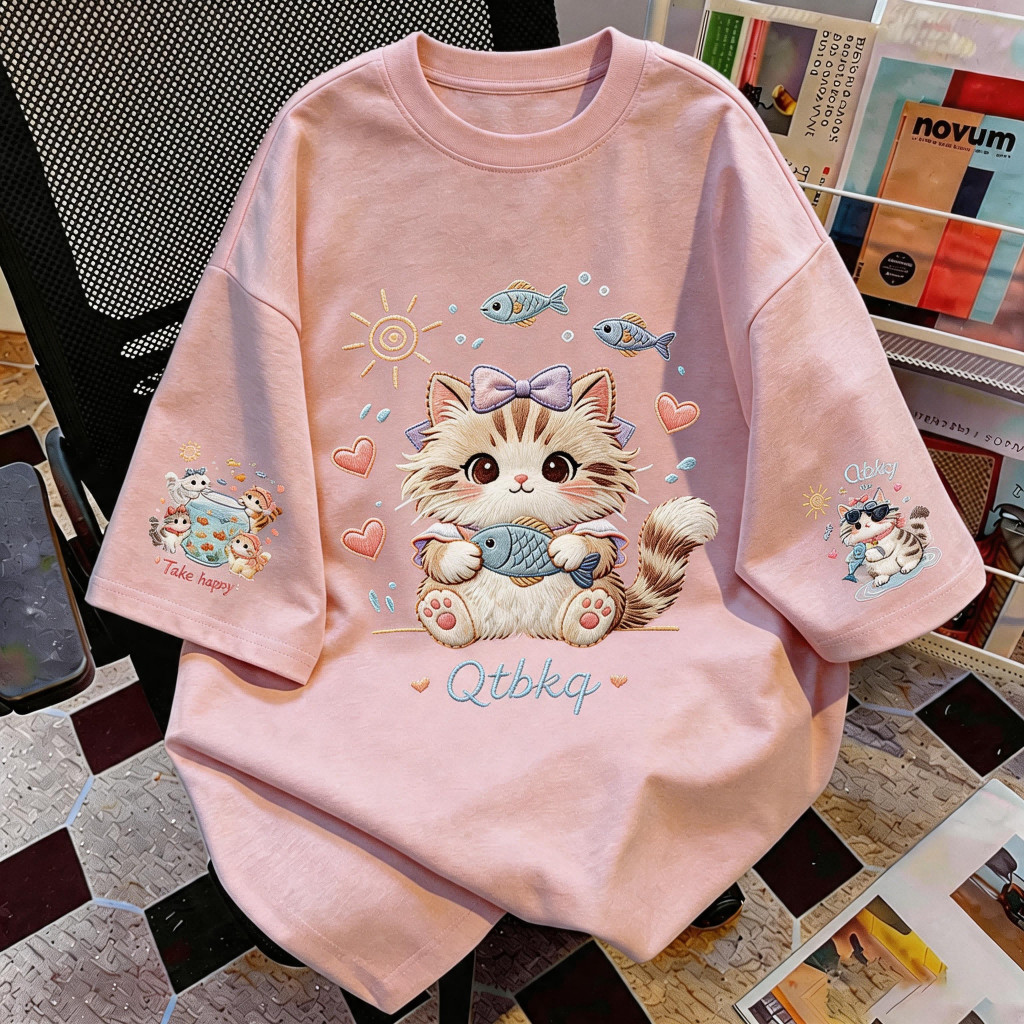 TEE·SHOP🍀 เสื้อยืด Oversize ' Bow Cat Fish ' สไตล์เกาหลี เท่ห์มาก ใส่ได้ทั้งชายหญิง ผ้านุ่มสบายตัวทั้งวัน รองรับ COD 📦