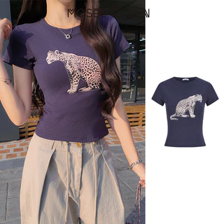 MOSESQUEEN มอสเซควีน เสื้อยืดแขนสั้นพิมพ์ลายเสือดาวอเมริกันเสื้อคอกลมแขนสั้นเข้ารูปผู้หญิงเข้ารูปและเข้ารูป #63695