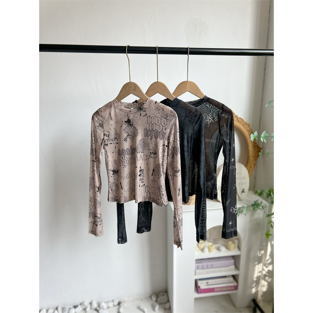 American Millennium Style y2k Niche Gauze เสื้อยืดแขนยาว Bottoming โปร่งใสเล็กน้อย 3 ชิ้นจัดส่งฟรี