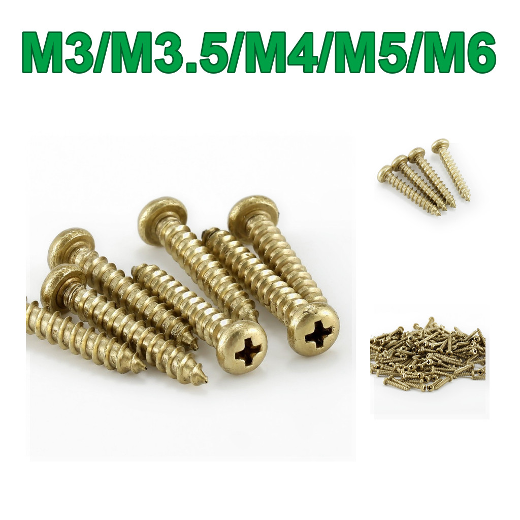 H68 ทองเหลืองข้ามหัวกลมแตะตัวเองสกรูทองแดงเฟอร์นิเจอร์สกรูไม้แตะตัวเอง M3/M3.5/M4/M5/M6 * L6-50MM [W