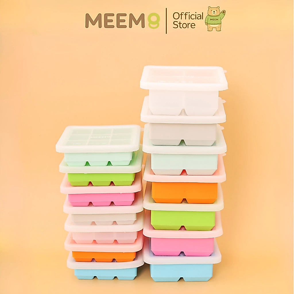 MEEM บล็อคซิลิโคน สำหรับแช่แข็งเก็บอาหารเด็ก บล็อคทำน้ำแข็ง พร้อมฝาปิด รุ่นสี่เหลี่ยมจัตุรัส 4 ช่อง(4oz) และ 9 ช่อง(1oz)