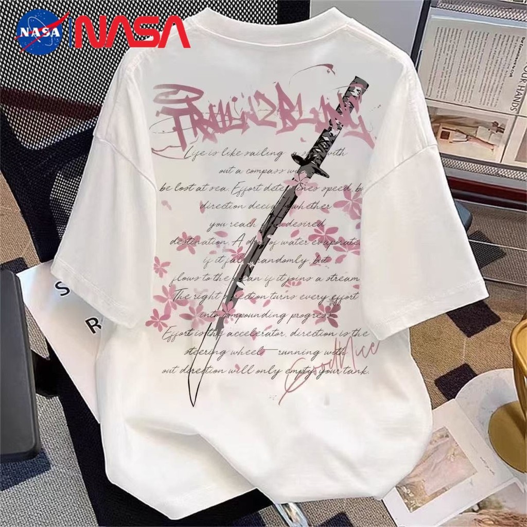NASA Co-Branded American Sakura Sword เสื้อยืดแขนสั้นผ้าฝ้ายแท้ผู้ชาย#NASA联名美式樱花宝剑纯棉短袖t恤男