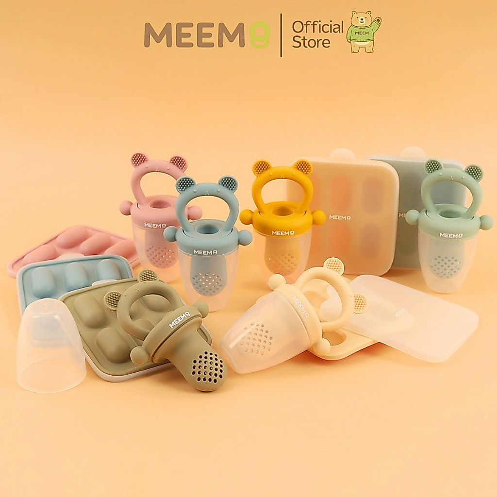 MEEM ตาข่ายใส่ผลไม้ซิลิโคนพร้อมฝาปิดกันฝุ่นและถาดแช่แข็งอาหาร รุ่น little bear  ตาข่ายผลไม้ซิลิโคน ลายหมี