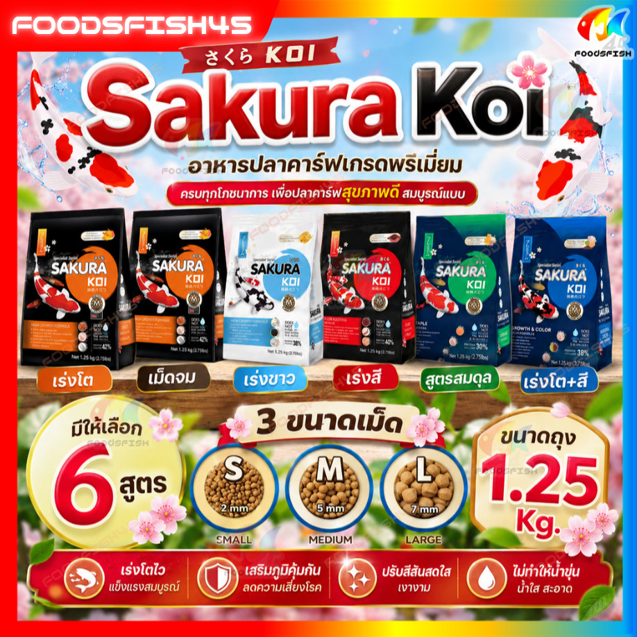 🔰 ฟรี 125g.ทุกสูตร❗อ่านตัวเลือก✅ Sakura Koi (ซากุระ โค่ย) อาหารปลาคาร์ฟ ขนาด 1.25 กก.