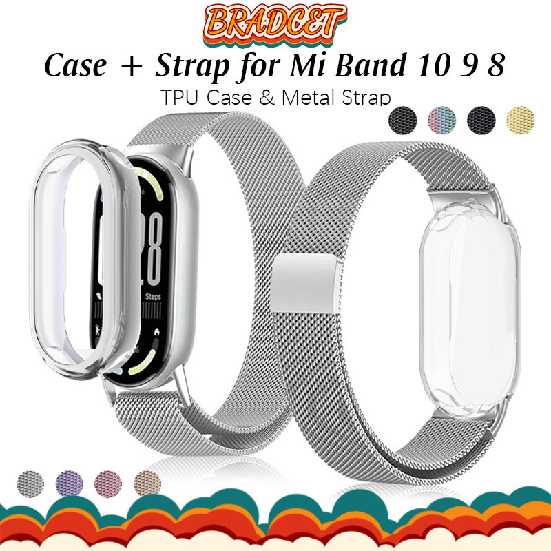 สายรัดมิลาน + กรณี TPU for Xiaomi Mi Band 10 9 8 NFC ป้องกันหน้าจออ่อน สายพานสแตนเลส for Miband 8/9/10 สายรัดกรณี