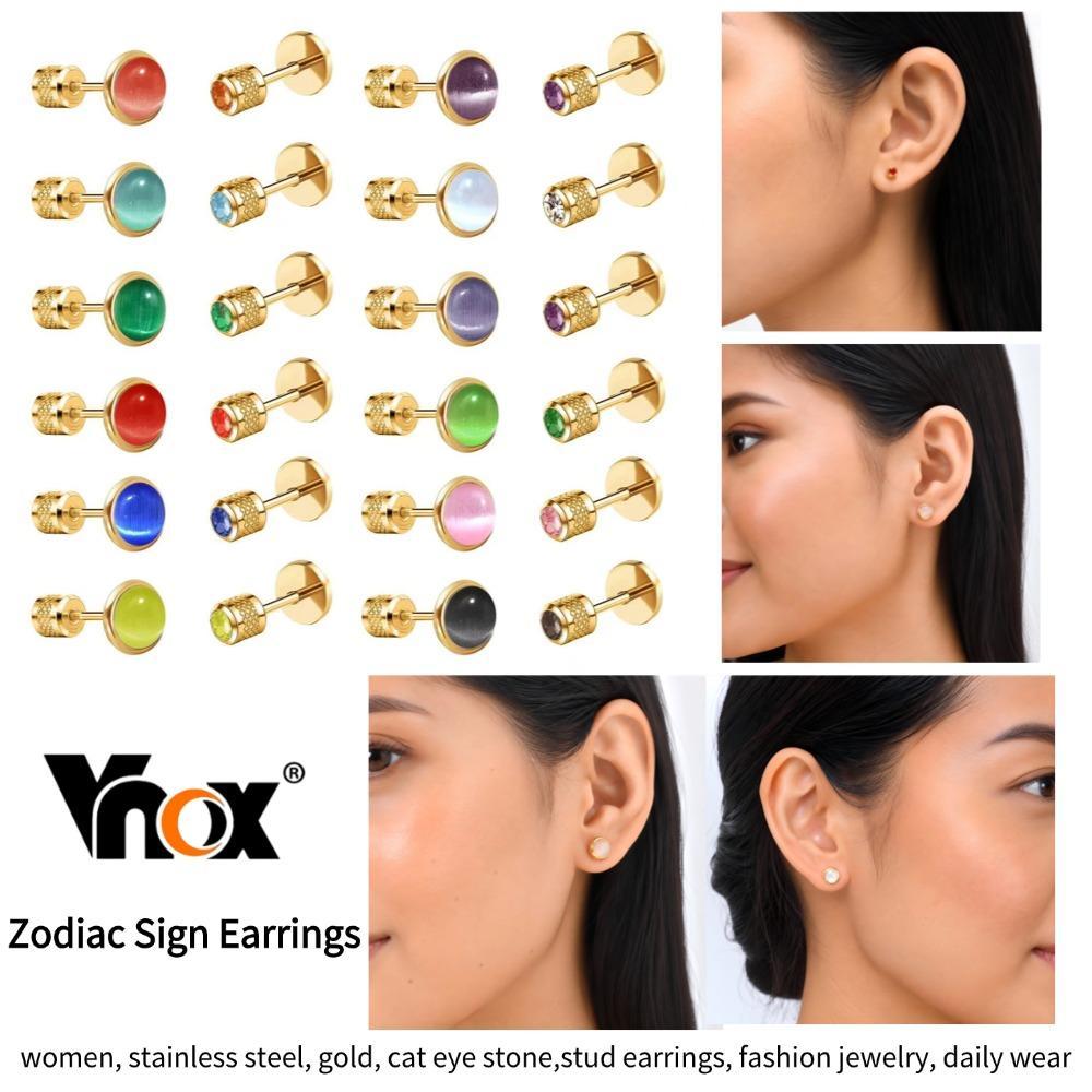Vnox 12 สี Cats Eye Birthstone ต่างหูสําหรับ Unisex, สองด้านสกรูกลับต่างหูสตั๊ดสแตนเลส