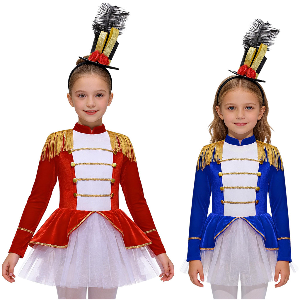 Yeahdor เด็กสาว Ringmaster Circus เครื่องแต่งกายชุดแขนยาวพู่ไหล่กลับซิป Tutu Leotard ชุด Mini Top หมวก Feather แถบคาดศีรษะสําหรับฮาโลวีนคอสเพลย์ชุด Perfor