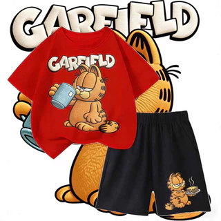 แมวGarfieldกินของอร่อยน่ารักมาก! ชุดใส่บ้านเด็ก 2 ชิ้น ใส่สบาย ไม่รัดหน้าท้อง ซื้อใส่เองหรือส่งของขวัญก็เลิศม