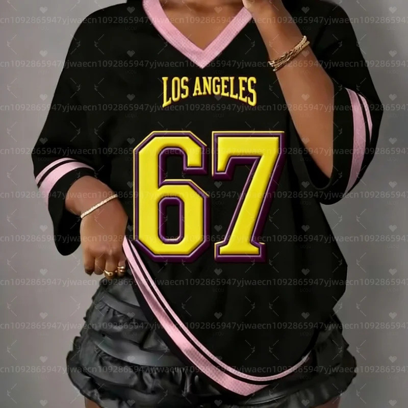 ใหม่ผู้หญิง Los Angeles พิมพ์ V คอ NO.67 แขนสั้นตาข่ายเสื้อยืดฤดูร้อน Tee เสื้อ OverSize ผู้ชายกีฬาเ