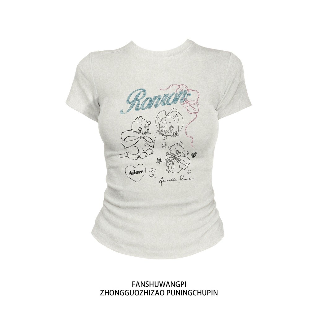 เสื้อยืดแขนสั้นลายการ์ตูนแมวสาวอเมริกันหวานๆ สำหรับผู้หญิงในช่วงฤดูร้อน ทรงเข้ารูป เอวสั้น ไหล่ตก