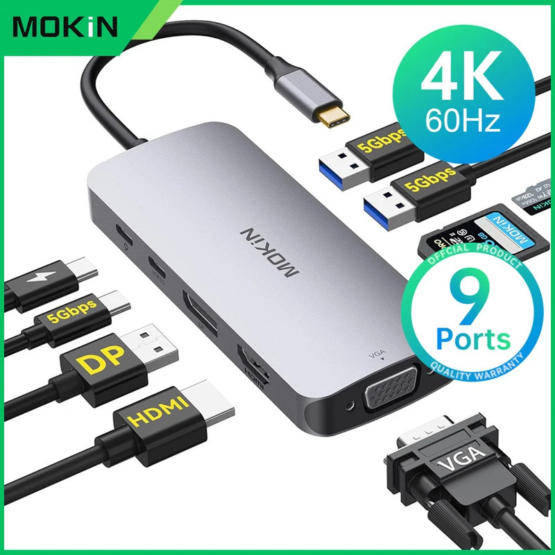 MOKiN USB C Hub,อะแดปเตอร์ USB C 9 in 1 พร้อม 4K60Hz HDMI, DP, VGA,3 USB3.0,TF/SD,100W PD,Docking St