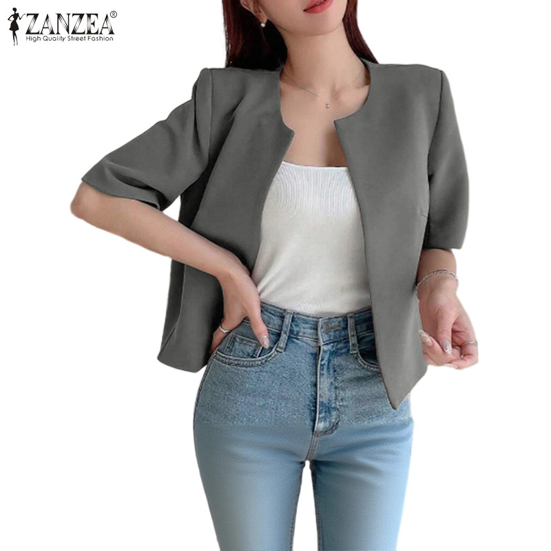 ZANZEA เสื้อเชิ้ตสไตล์เกาหลีสีทึบสำหรับผู้หญิง แขนกลาง