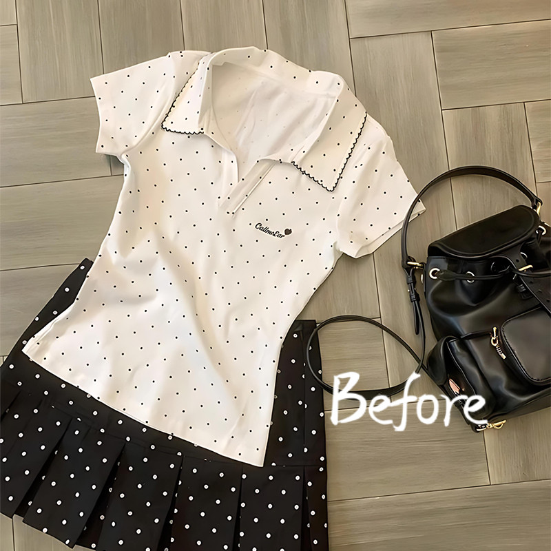 เสื้อยืดคอกลมแขนสั้น ปักลายจุด ทรงเข้ารูป สำหรับผู้หญิงBF