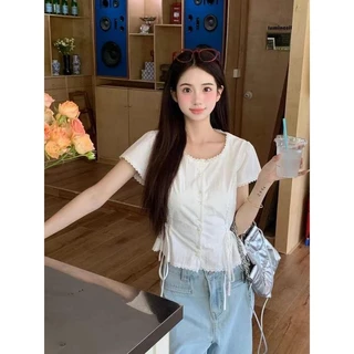 mimi&didi#เสื้อเชิ้ตแขนสั้นสีขาว สไตล์ลำลองฤดูร้อน ทรงหลวม มิกซ์แอนด์แมทช์กับท็อปส์ซูแฟชั่น เสื้อผ้าผู้หญิงย้อนยุค#99173