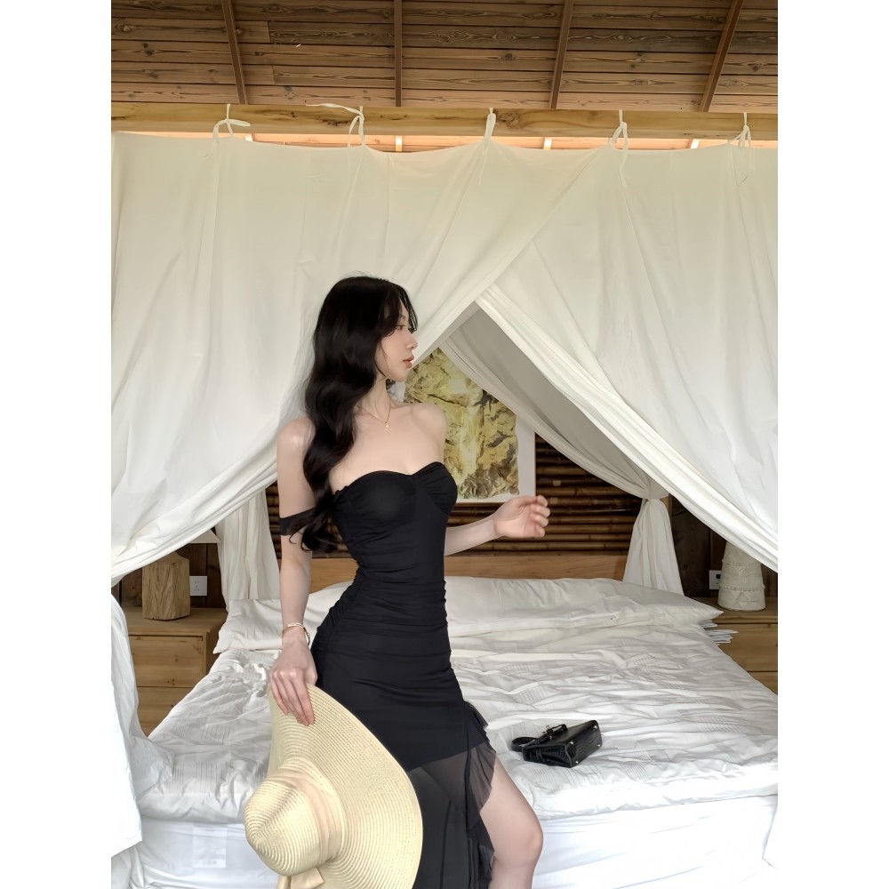 Vogue🌟พร้อมส่ง🌟 ชุดเดรสเปิดไหล่ กระโปรงยาว สีดำเรียบหรูดูแพงมากแม่ (FY2941) - รูปที่ 3