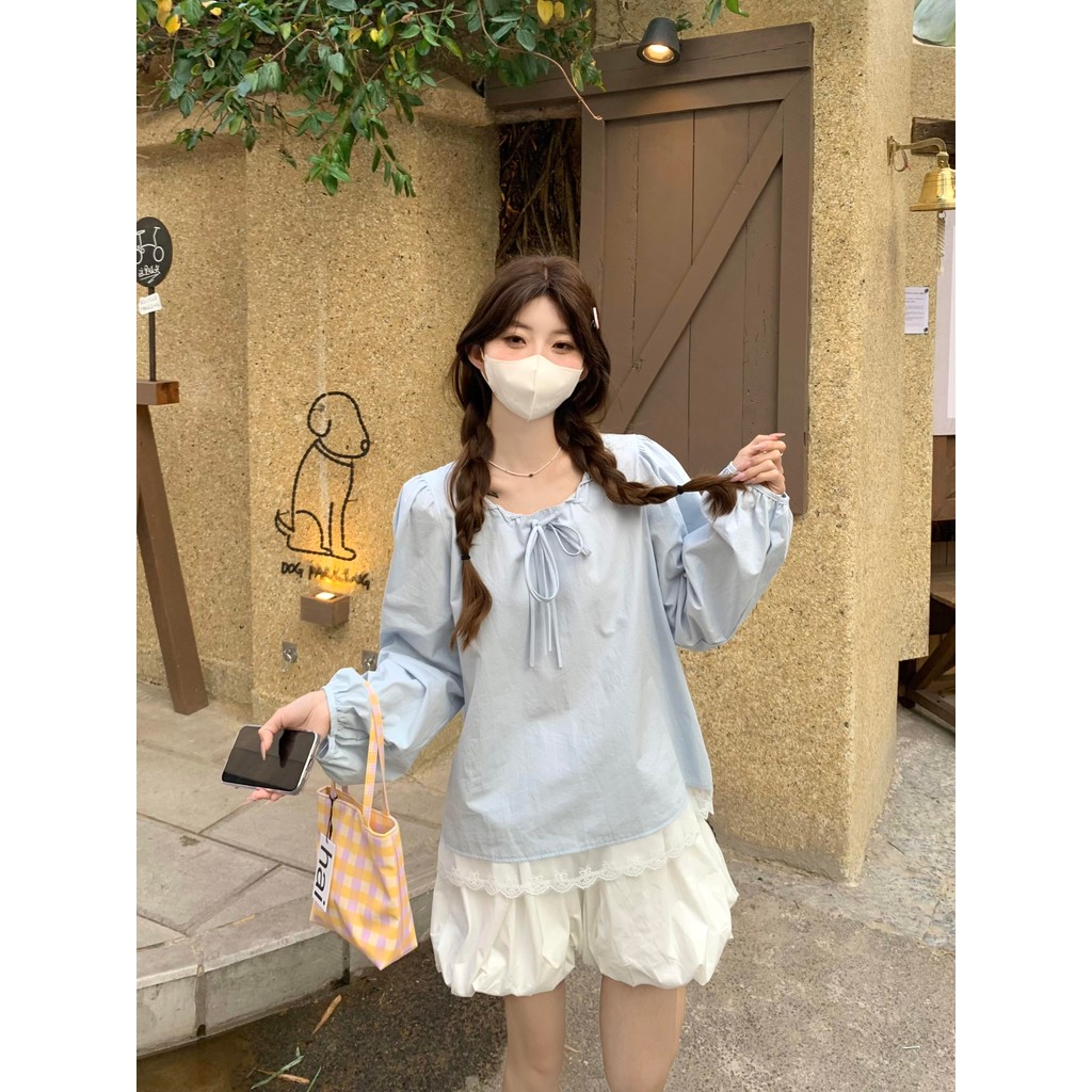 Chili Koko เสื้อเชิ้ตแขนยาวทรงหลวมผูกโบว์คอแฟชั่นสไตล์เกาหลี เสื้อแขนยาวชายลูกไม้ เสื้อผ้าน่ารักๆใส่ไปเที่ยว W649 - รูปที่ 3