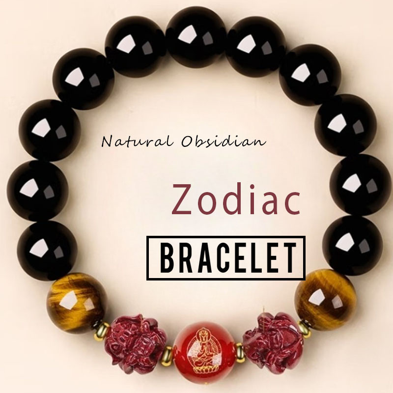 สร้อยข้อมือลูกปัดออบซิเดียนธรรมชาติ Zodiac Cinnabar สร้อยข้อมือ Unisex พร้อมสต็อก 8-12MM