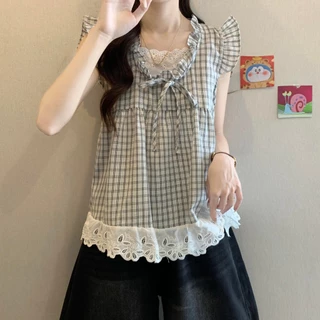 เสื้อเชิ้ตลายสก็อตแขนสั้น แต่งระบายลูกไม้ ทรงวินเทจ ทรงหลวม เนื้อผ้านุ่ม จัดส่งจากประเทศไทย 99172