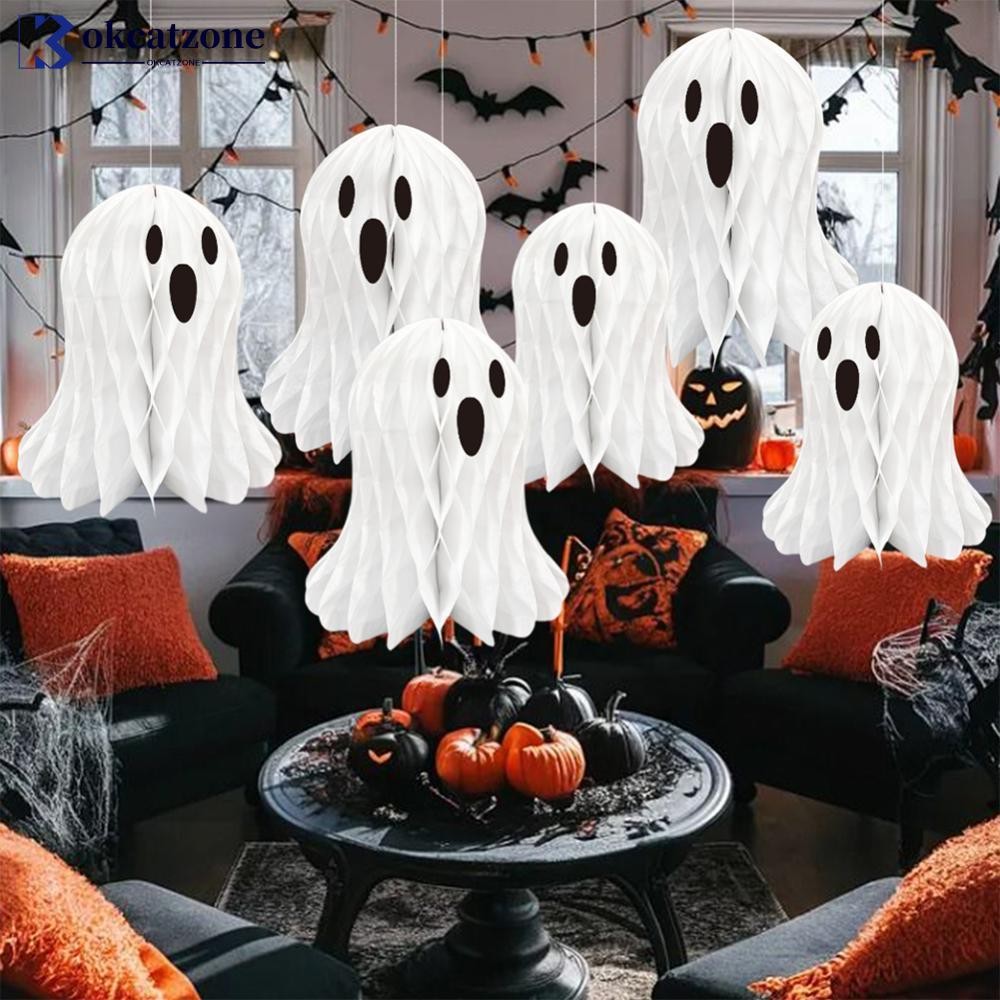 OKCATZONE ฮาโลวีนกระดาษ Ghost ตกแต่งเชือกแขวน Creative Spooky ตลกฮาโลวีนแขวน Props Garden Party Deco