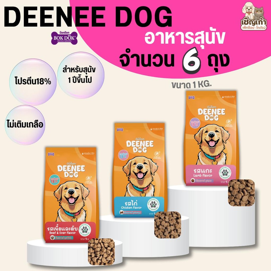 [[6 ถุง =6 กิโล ]]n  อาหารเม็ดสำหรับสุนัข   DEENEE DOG   ไม่เติมเกลือ ขนสวย สารอาหารครบถ้วน ลดกลิ่นมูล ขนาด 1 กิโล