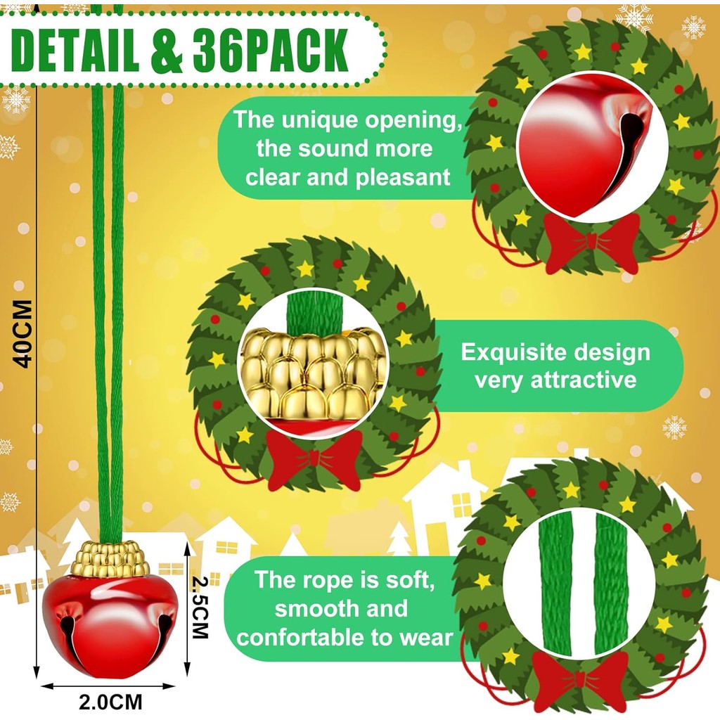 36ชิ้นคริสต์มาสเบลล์สร้อยคอคริสต์มาสวันหยุดสร้อยคอเบลล์สร้อยคอด้วยริบบิ้นสําหรับวันหยุดพรรคอุปกรณ์เส