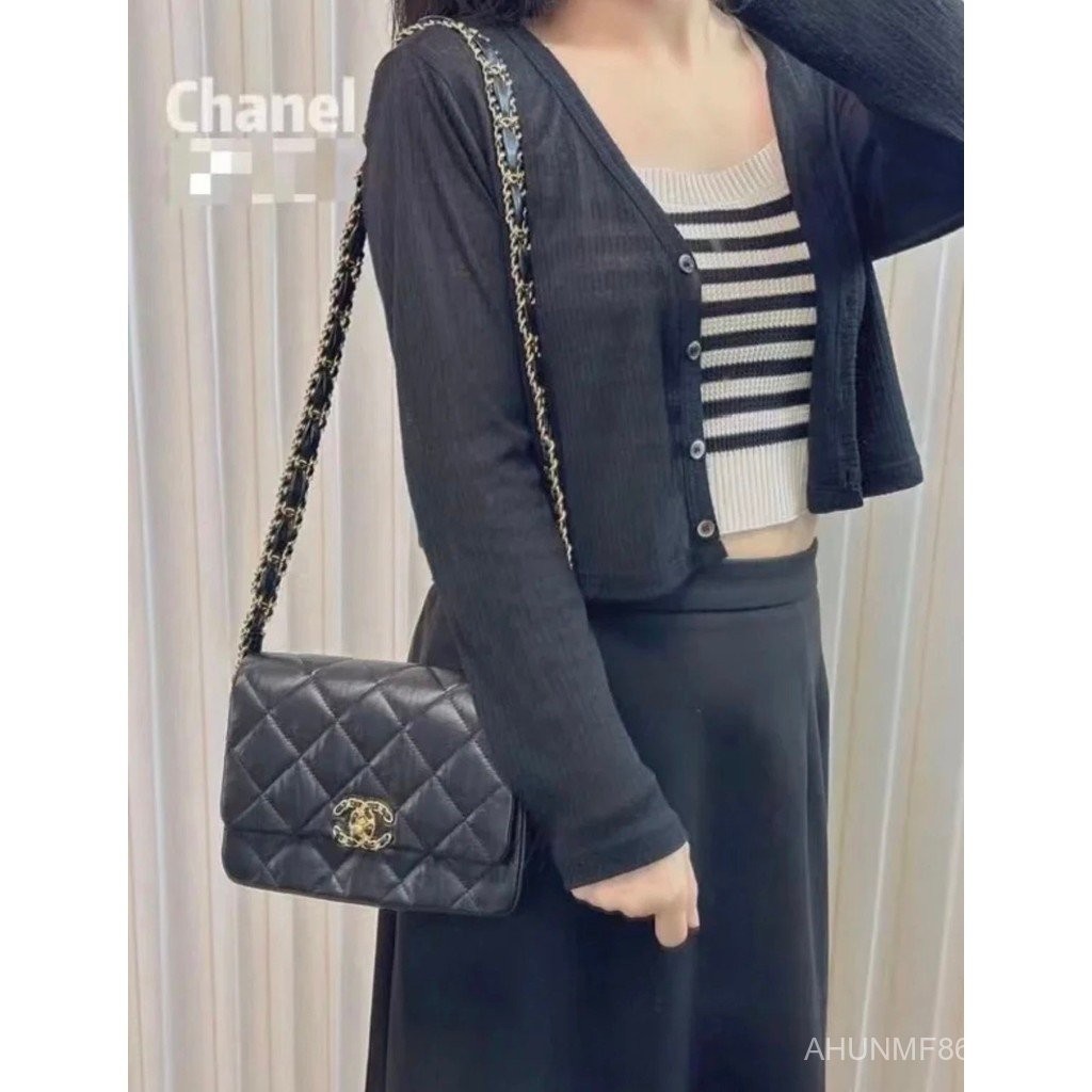 [C Home] 23K 19 Hobo Pleated Cowhide Chain Tofu Bag AS3572 Black Gold